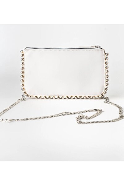 ZEYZEYBUTİK BERRY TAŞ DETAYLI ZİNCİRLİ BEYAZ PORTFÖY ÇANTA