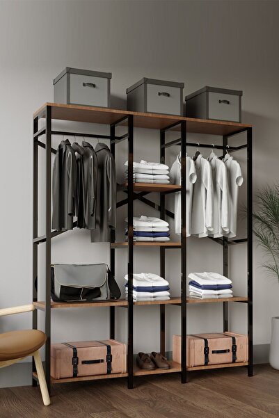 Genel Markalar Alaca-masif Ceviz Desenli Metal Ayaklı Açık Giyinme Dolap Gardrop Portmanto Askılık