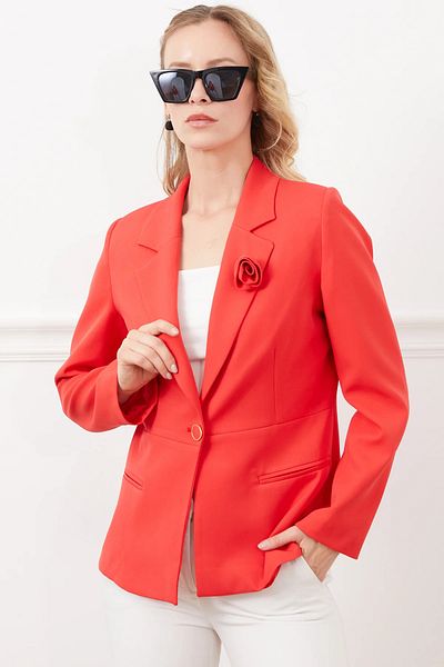 Go Veform Women's Blazer Jacket with Brooch Detail - Pocket, Buttoned Pomegranate ZN5074
