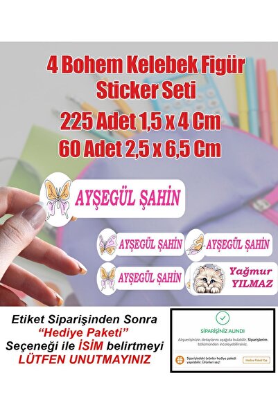 Aysprint Kelebek Figür Okul Etiketi Kırtasiye Defter Kalem Matara Çanta Kalem...