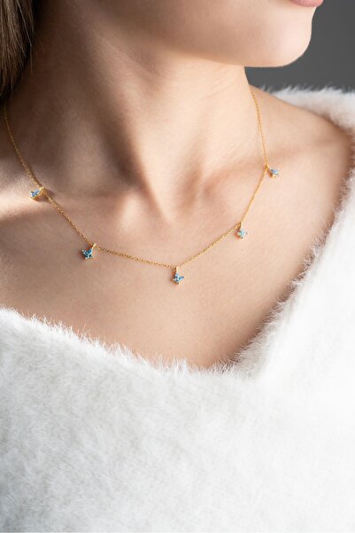 sorti takı aksesuar 925 Ayar Gümüş Mavi Taş Yonca Kolye