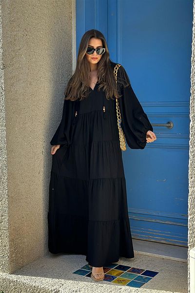 My Blog V-Neck Black Maxi Bohemian Dress - Balloon Sleeve