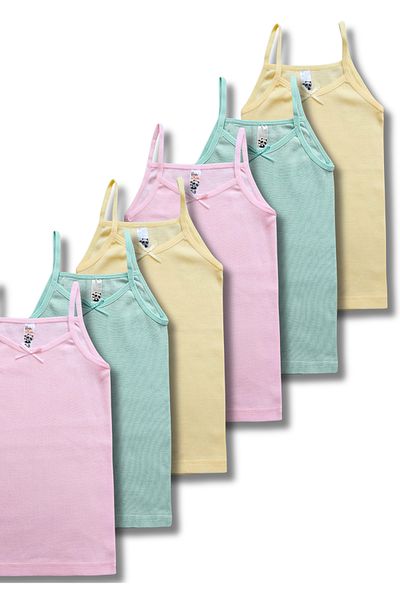 Perakids 100% Cotton Girl's Pink Yellow Green Thin Strap Undershirt Underwear Set of 6