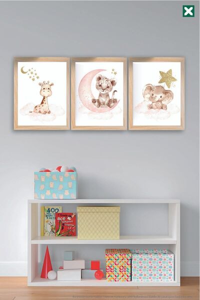 TABLOX Sevimli Hayvanlar 3’lü Çerçeve Görünümlü Modern MDF Tablo Seti – Bebek...