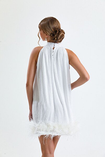 Tangül&Ali'S Moda Evi Beyaz Payetli Tüylü Elbise