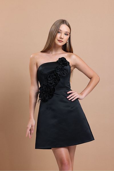 Tangül&Ali'S Moda Evi Στράπλες Σατέν Floral Μαύρο Φόρεμα