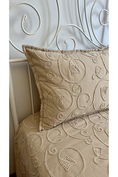 Decamor home Beige Embroidered Bedspread Set - Embroidered Detailed, Double Pique