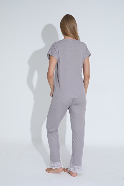 Siyah İnci koyu gri Dantel Detaylı Soft Touch İnce Örme Pijama Takım