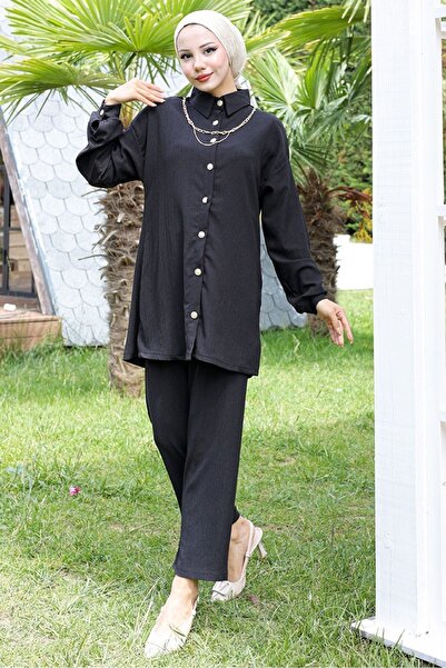 Bestenur Kolyeli Bürümcük Tunik Pantolon İkili Takım 927 - Siyah
