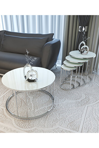 Puklife 4lü Ceylin Zigon Ve Orta Sehpa Seti Gümüş Renk Metal Ayak Beyaz Cam