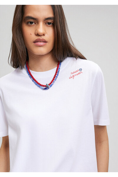 Mavi Biała haftowana koszulka - Nie zapinasz złego oka, regularny krój, 1612737-620