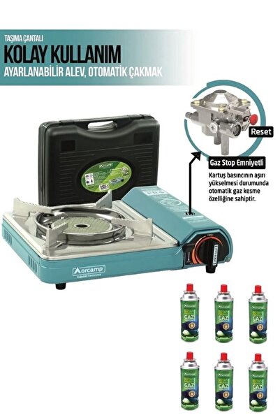 Orcamp Pro Portatif Seramik Kamp Ocak Ck-508 Gaz Stop Emniyetli 6 Adet 227 Kartuş