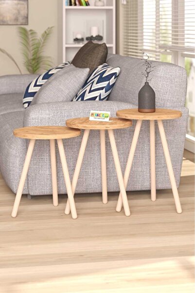 MİRACLE 3D Zigon Sehpa Ahşap Ayaklı Çam 3'lü Yuvarlak