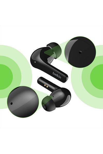 Belkin SOUNDFORM Flow True Wireless Earbuds, ANC, Bluetooth, Wireless Charging, 31H Play, Black, Small
