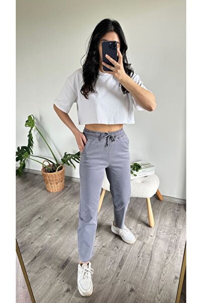 Kot Görünümlü Kadın Gümüş Gri Yüksek Bel Beli Lastikli Bilek Boy Pantolon