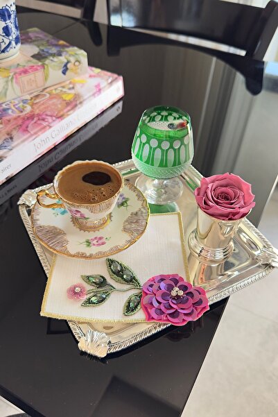 bibashka Pembe mor çiçek işlemeli 2li kokteyl peçete