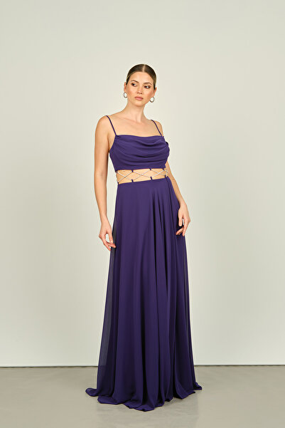 Saygın Purple Chiffon Evening Dress - Straps, Belly Transparent and Stone Detailed 4584