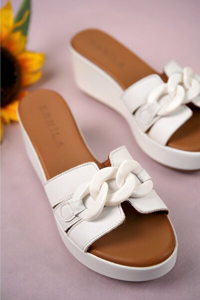 ERNİLA Genuine Leather Wedge Heel Buckle Slippers