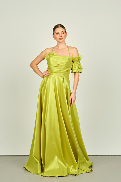 Saygın Pistachio Green Taffeta Fabric Evening Dress with Halter Neck and Sleeve Detail 3496