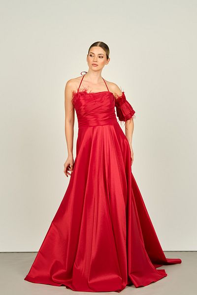 Saygın Red Taffeta Fabric Evening Dress with Halter Neck and Sleeve Detail 3496