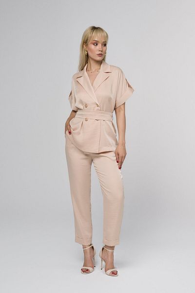Usainte Stone Color Double Breasted Collar Women's Set - Belted Top and Trousers