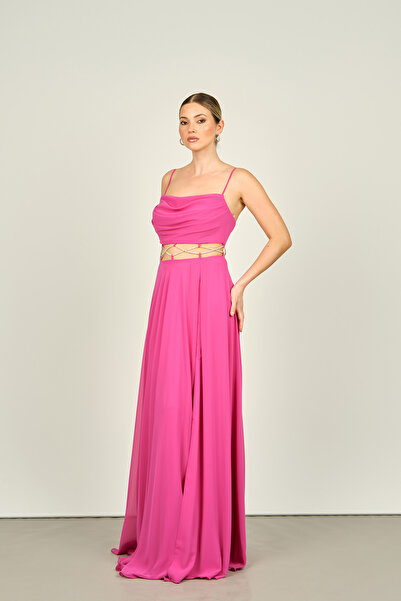 Saygın Fuchsia Chiffon EveninG Dress - Straps, Belly Transparent and Stone DeTailed 4584