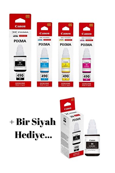 Canon Gı-490 Pixma G3411 4 Renk Orjinal Mürekkep Seti + 1 Siyah Hediye Gı-490...