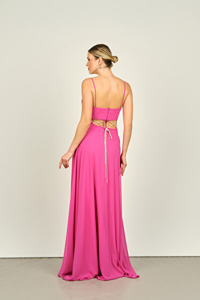 Saygın Fuchsia Chiffon EveninG Dress - Straps, Belly Transparent and Stone DeTailed 4584