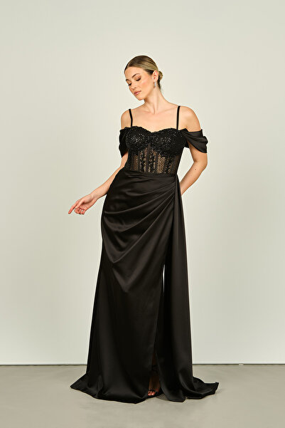 Saygın Black Satin Long Evening Dress with Straps, Sheer and Sequins 2437