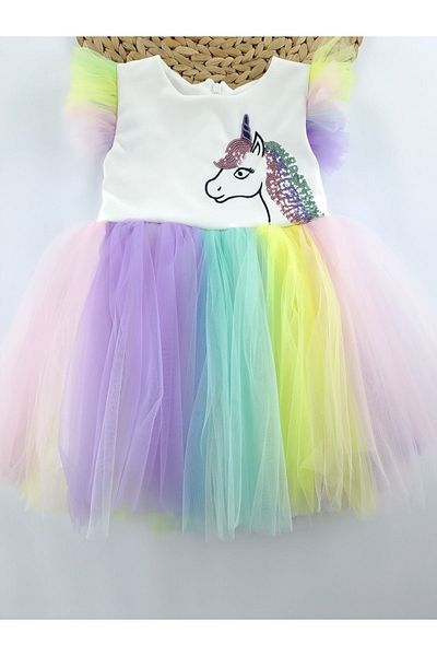 lumia Rochie de unicorn pentru fete, tul colorat, tutu, paiete brodate, detaliu cu mâneci din tul