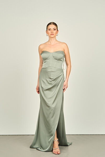 Saygın Çağla - Strapless Collar and Deep Slit Satin Women's Evening Dress 3534