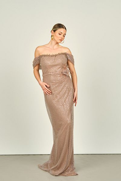 Saygın Strapless and Jewelled Sequined Women's Evening Dress - Mink 4570