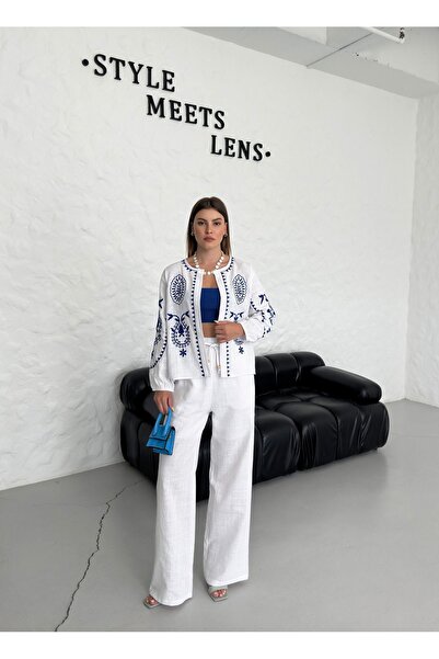 DİMA FASHİON طقم كتان نسائي - طقم سفلي علوي بتفاصيل مطرزة