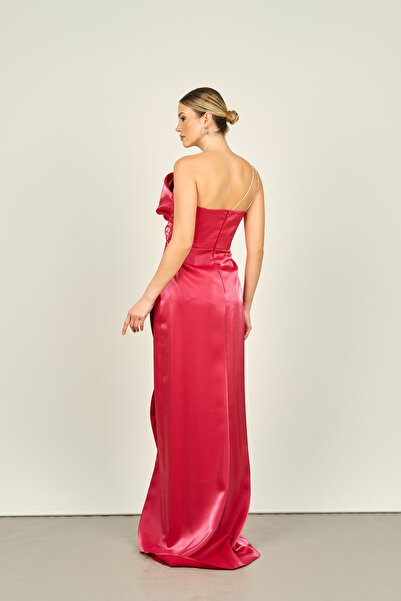 Saygın Fish Form Satin Evening Dress - Stone Chain Strap, Red 4547