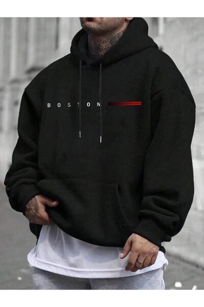 CAST COLLECTİON Hanorac negru cu glugă cu imprimeu Boston pentru bărbați