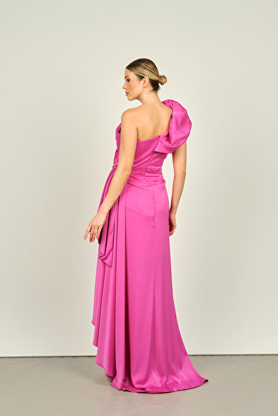 Saygın Fuchsia Satin Evening Dress - Single Shoulder, Deep Slit, Model 4564