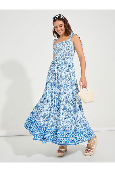 Styli Sleeveless Smocked Floral Print Tiered Maxi Dress with Tie-Up Detail