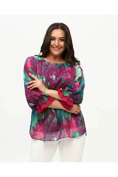 TIAJOVEN Colorful Patterned Lined Chiffon Blouse Plus Size