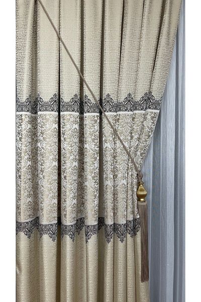 Yuka Panel Background Curtain Cream Beige Single Wing Closely Pleated Jacquard Semi-Glossy Patterned 100 X 260