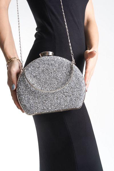 Moda Değirmeni Geantă pentru rochie de seară pentru femei, argintie, cu detalii în piatră - BG1175-310-0013