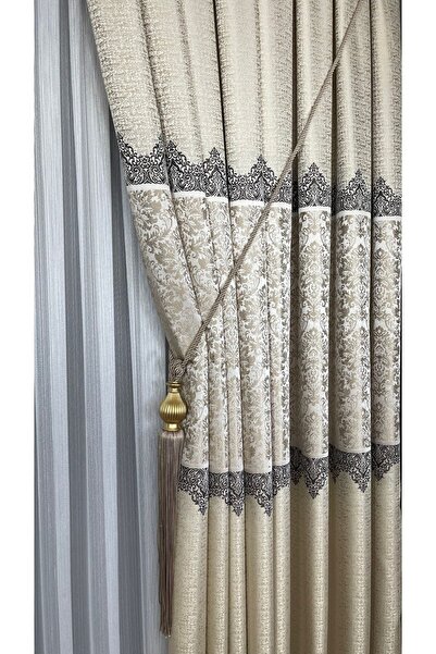 Yuka Κουρτίνα φόντου σανίδας Κρεμ Μπεζ Μονό Φτερό Στενό Πλισέ Ζακάρ Ημιγυαλιστερό Μοτίβο 100 Χ 260