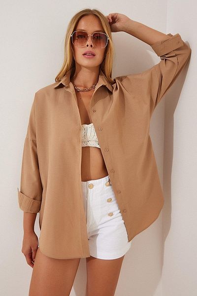 comstar Дамска лятна риза с дълъг ръкав Oversize, цвят camel