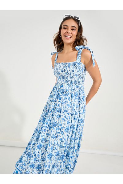 Styli Sleeveless Smocked Floral Print Tiered Maxi Dress with Tie-Up Detail