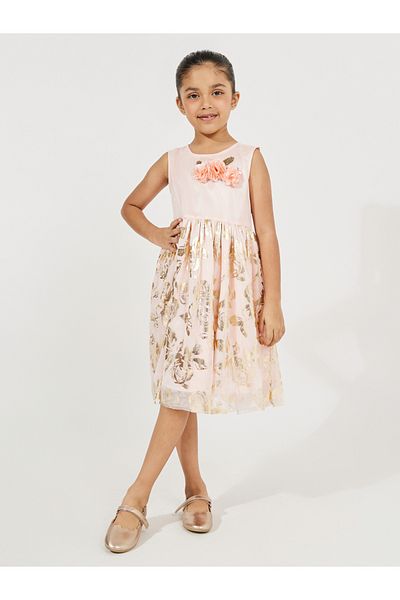 Styli Foil Print Dress with Flower Corsage