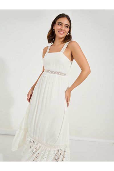 Styli Schiffli Lace Insert Sleeveless A-Line Maxi Dress