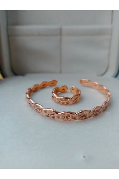 LOVI Unisex Patterned Copper Forged Braid Bracelet Ring Set - Women/Men
