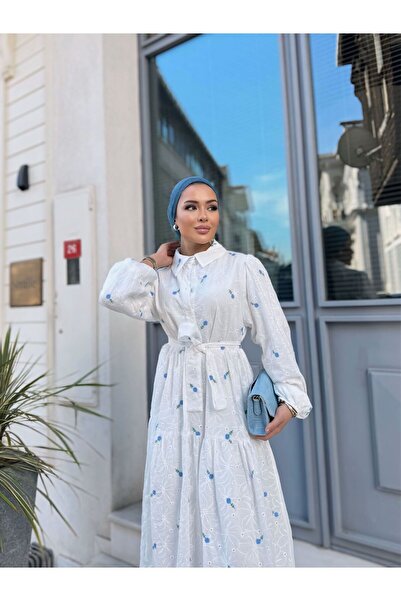 comstar Kadın Şık Salaş Düğmeli Uzun Beyaz Çiçekli Elbise