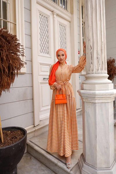 comstar Rochie largi portocalie cu mâneci cu șnur pentru femei, cu model pătrat, hijab