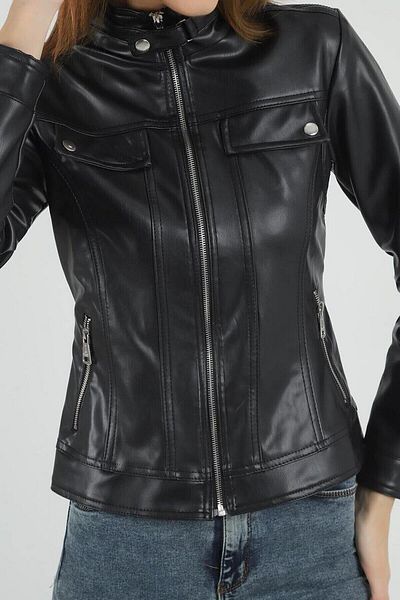 comstar Women's Zippered Faux Leather Loose Black Short Biker Jacket