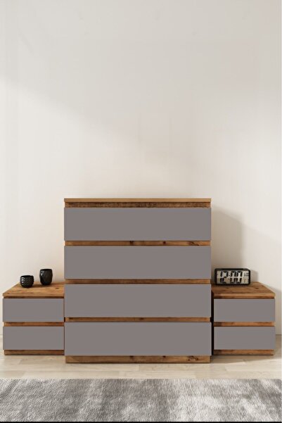 Mbes Mobilya Umut Atlantik Çam Antresit Gri Komodin Ve Şifonyer Takım